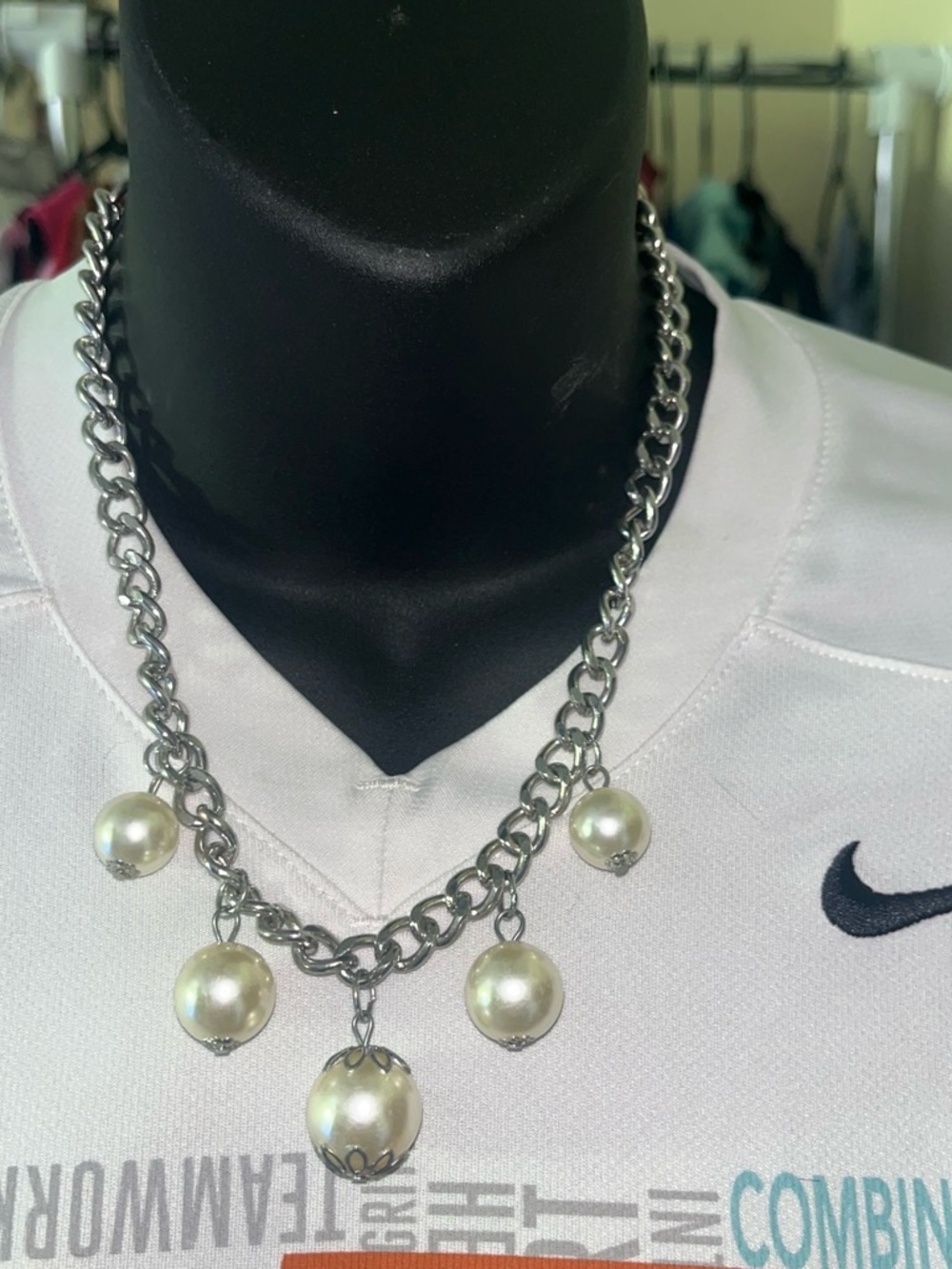 Chunky Silver Chain Necklace with Cream Pearl Charms - Women Jewelry